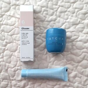 Tatcha Overnight Repair Cream, Glossier Milky Cleanser, Glow on 5th Beauty Mask